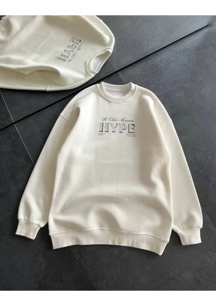 Kadın Üç Iplik Bisiklet Yaka Baskılı Sweatshirt - Beyaz