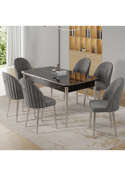 Rada Serisi 80x132 Açılabilir Lak Panel Krom Detay Siyah Mermer Desen Mutfak Masa Takımı Ve 6 Sandalye