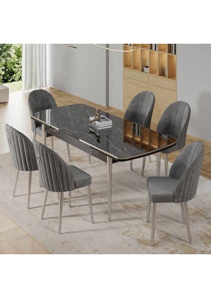 Rada Serisi 80x132 Açılabilir Lak Panel Krom Detay Siyah Mermer Desen Mutfak Masa Takımı Ve 6 Sandalye