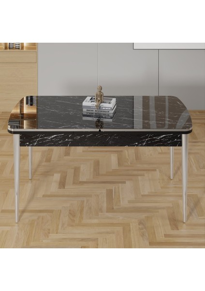 Rada Serisi 80x132 Açılabilir Lak Panel Krom Detay Siyah Mermer Desen Mutfak Masa Takımı Ve 6 Sandalye
