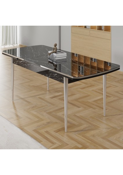 Rada Serisi 80x132 Açılabilir Lak Panel Krom Detay Siyah Mermer Desen Mutfak Masa Takımı Ve 6 Sandalye