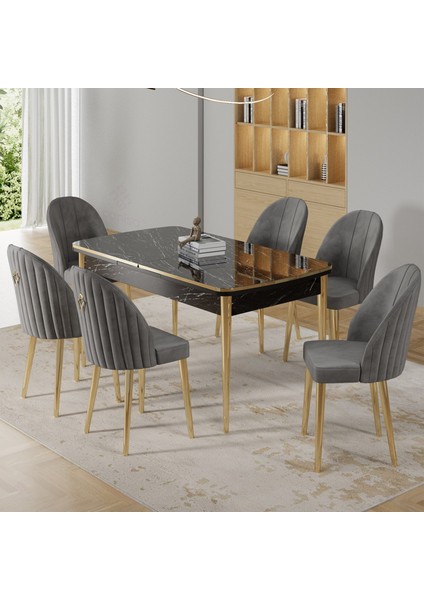 Rada Serisi 80x132 Açılabilir Lak Panel Gold Detay Siyah Mermer Desen Mutfak Masa Takımı Ve 6 Sandalye