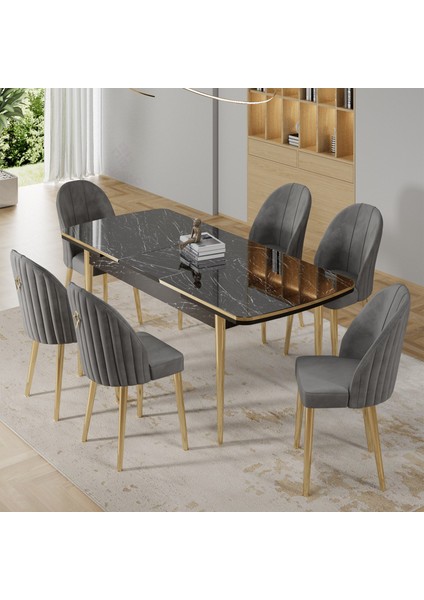 Rada Serisi 80x132 Açılabilir Lak Panel Gold Detay Siyah Mermer Desen Mutfak Masa Takımı Ve 6 Sandalye fiyatları