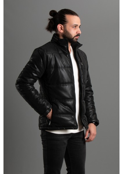Erkek Siyah Dik Yaka Şişme Deri Mont