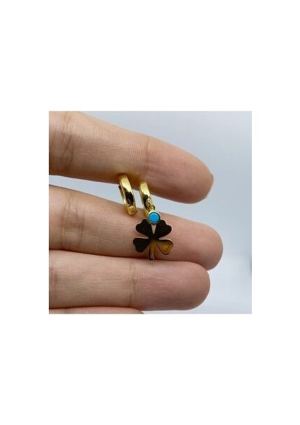 Yonca Yaprağı Turkuaz Taşlı Küpe Gold