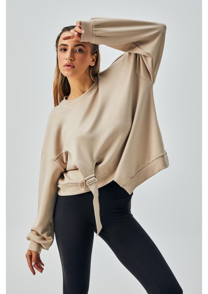 Kadın Bej Oys Modal Kumaş Tokalı Tasarım Sweatshirt 28034