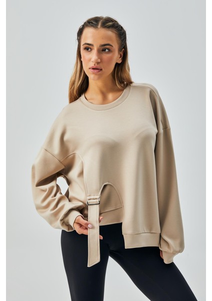 Kadın Bej Oys Modal Kumaş Tokalı Tasarım Sweatshirt 28034 fırsatları