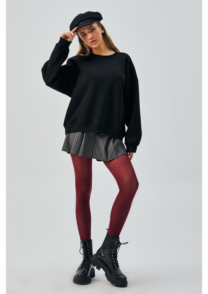 Kadın Siyah 3 Iplik Penye Şardonlu Oversize Sweatshirt 28050