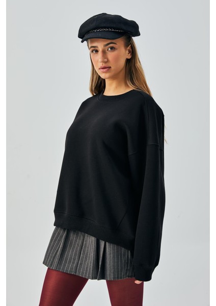Kadın Siyah 3 Iplik Penye Şardonlu Oversize Sweatshirt 28050