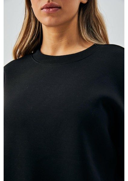 Kadın Siyah 3 Iplik Penye Şardonlu Oversize Sweatshirt 28050