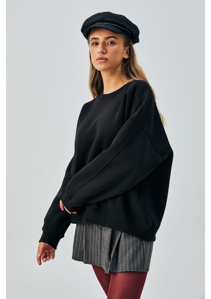 Kadın Siyah 3 Iplik Penye Şardonlu Oversize Sweatshirt 28050
