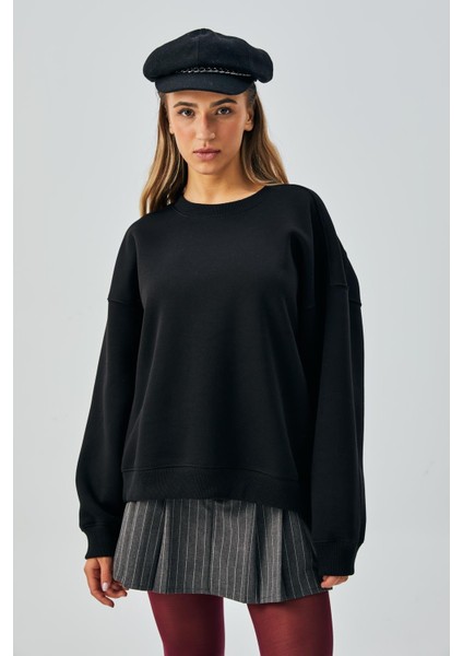 Kadın Siyah 3 Iplik Penye Şardonlu Oversize Sweatshirt 28050