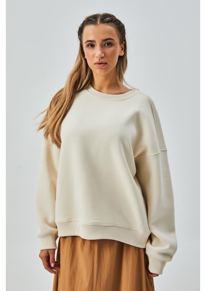 Kadın Ekru 3 Iplik Penye Şardonlu Oversize Sweatshirt 28050