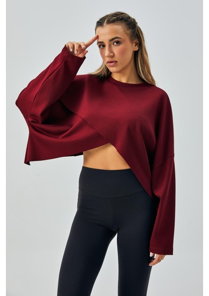 Kadın Bordo Oys Modal Kumaş Asimetrik Kesim Sweatshirt 28028