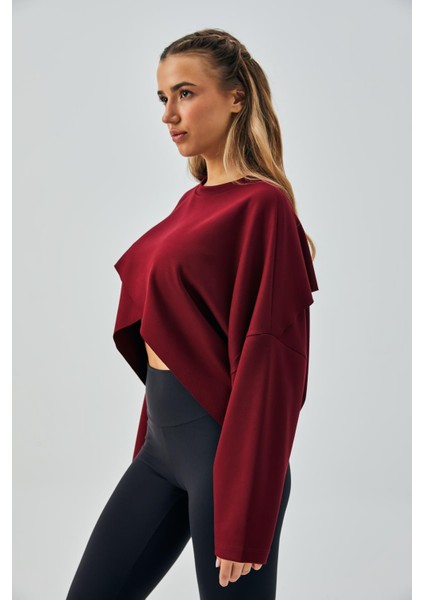 Kadın Bordo Oys Modal Kumaş Asimetrik Kesim Sweatshirt 28028