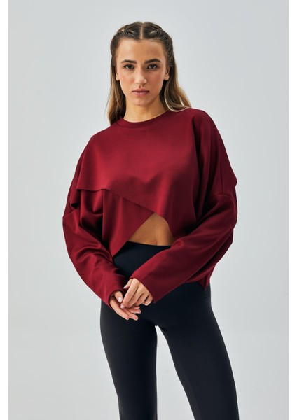 Kadın Bordo Oys Modal Kumaş Asimetrik Kesim Sweatshirt 28028