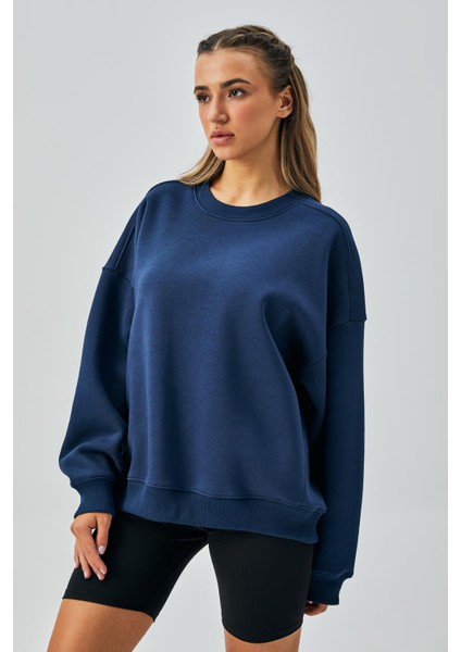 Kadın Indigo 3 Iplik Penye Şardonlu Oversize Sweatshirt 28050