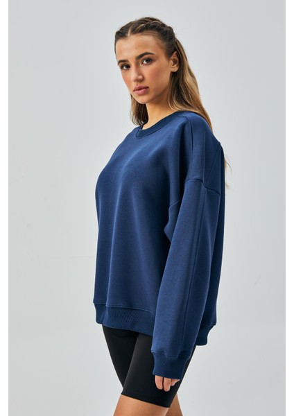 Kadın Indigo 3 Iplik Penye Şardonlu Oversize Sweatshirt 28050