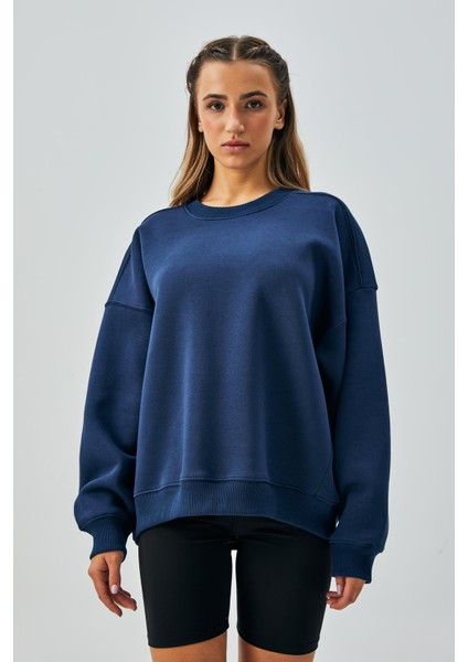 Kadın Indigo 3 Iplik Penye Şardonlu Oversize Sweatshirt 28050