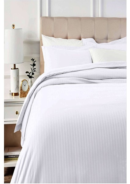 Çift Kişilik Nevresim Seti (Çarşafsız) Beyaz Renk 83 Tel Çizgili Pamuk-Saten