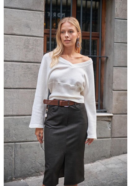 Kadın Yumuşak Dokulu Tiftik V Yaka Yarasa Uzun Kol Triko Kazak Bluz-Krem fiyatları