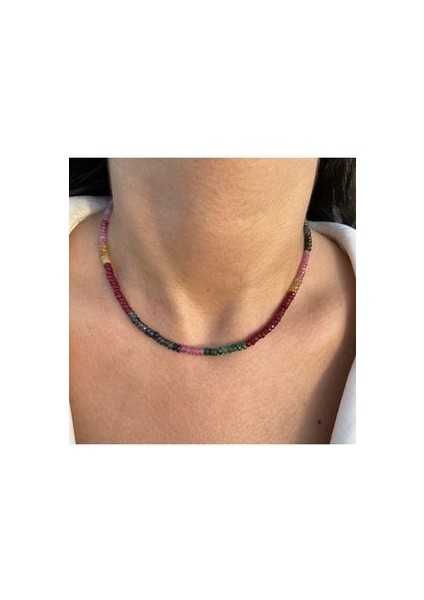 Karışık Kök Yakut Kök Safir Kök Zümrüt Dizi Gümüş Kolye