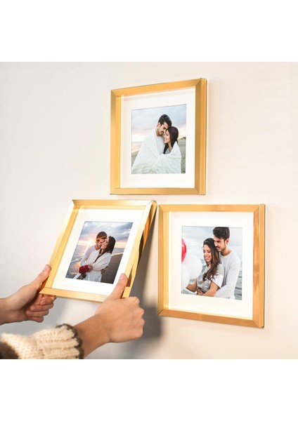 Yapışkanlı Sök-Tak Paspartulu Altın 21X21CM Kare Fotoğraf Çerçevesi - 3'lü Paket