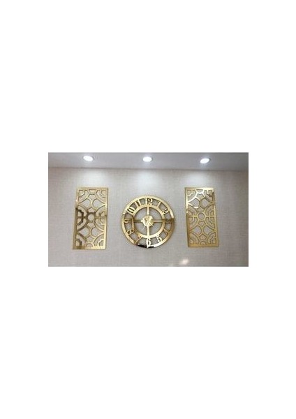 Dekoratif Tasarım Gold Pleksi 3lü Duvar Saat Seti