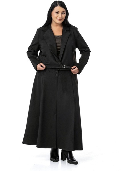 Büyük Beden Önden Yırtmaçlı Düğmeli Beli Arkadan Lastikli Uzun Süet Siyah Etek