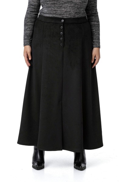 Büyük Beden Önden Yırtmaçlı Düğmeli Beli Arkadan Lastikli Uzun Süet Siyah Etek fiyatları