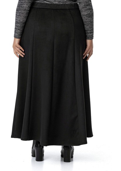 Büyük Beden Önden Yırtmaçlı Düğmeli Beli Arkadan Lastikli Uzun Süet Siyah Etek modelleri