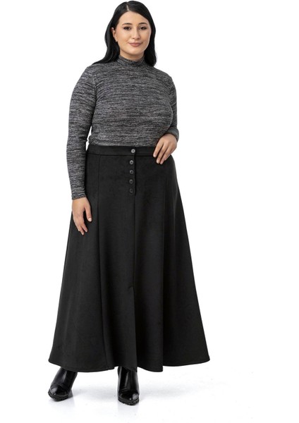 Büyük Beden Önden Yırtmaçlı Düğmeli Beli Arkadan Lastikli Uzun Süet Siyah Etek fırsatları