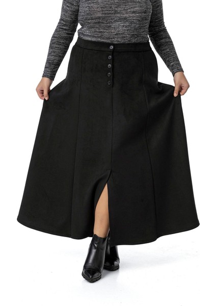 Büyük Beden Önden Yırtmaçlı Düğmeli Beli Arkadan Lastikli Uzun Süet Siyah Etek indirimleri