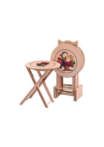 Mkd - Zgn 175 / 105 Resimli Yuvarlak Çanta Zigon Sehpa Ham Cilasız Ahşap
