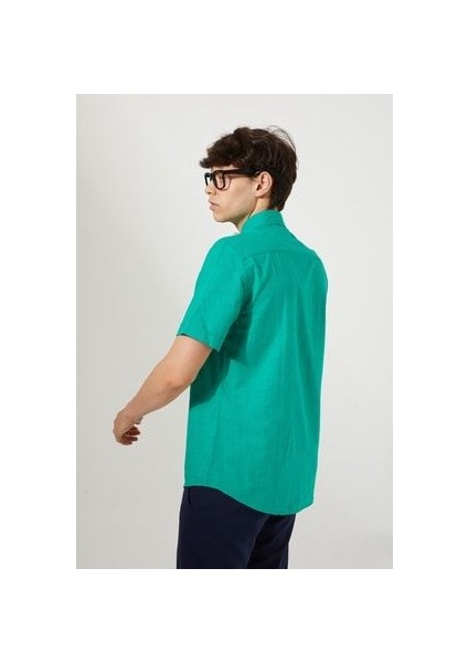 Erkek Filamli Pamuk Keten Benetton Yeşili Regular Fit Gömlek