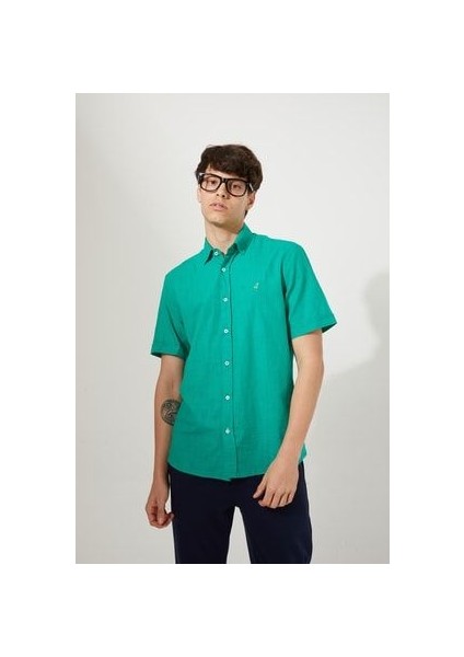Erkek Filamli Pamuk Keten Benetton Yeşili Regular Fit Gömlek