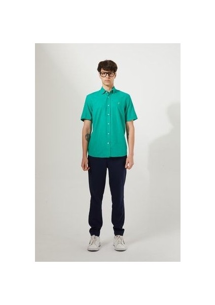 Erkek Filamli Pamuk Keten Benetton Yeşili Regular Fit Gömlek