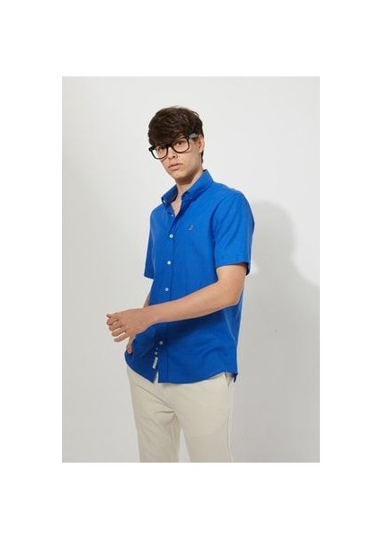 Erkek Pamuk Keten Sax Mavi Regular Fit Gömlek