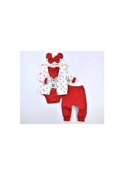 Hırkalı Kalpli Bebek 3lü Takım-Fiyonk ve Kulak Detaylı Kapüşonlu Hırka, Alttan Çıtçıt Body ve Alt