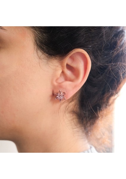 Pembe Zirkon Taşlı Çiçek Model Rose Gümüş Küpe GKP-100