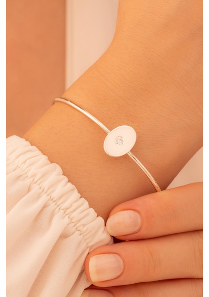 Kadın Gümüş Bileklik - El Yapımı Gümüş Zirkon Taşlı Elips Motifli Kadın Bileklik Kelepçe