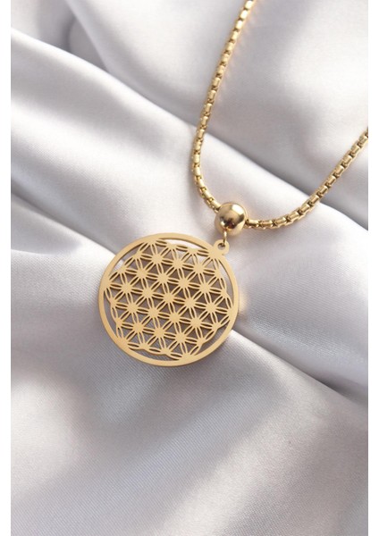 Çelik Gold Renk Yaşam Çiçeği Kolye