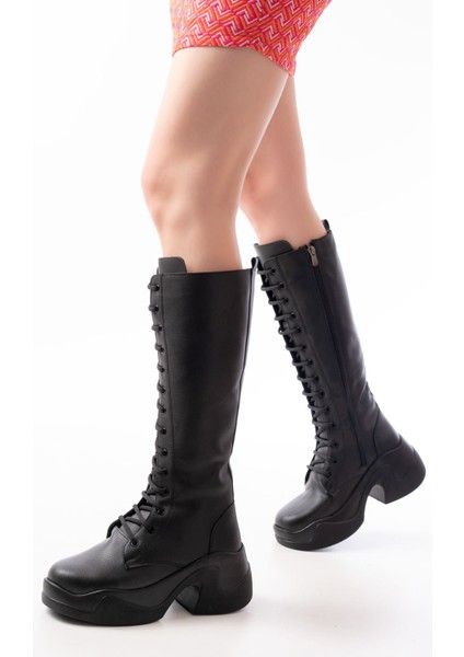 Siyah Yüksek Tabanlı Bağcıklı Fermuarlı Günlük Kadın Çizme fiyatları