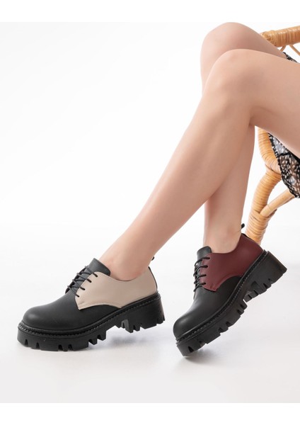 Siyah Garni Bağcıklı Günlük Yüksek Tabanlı Loafer Ayakkabı
