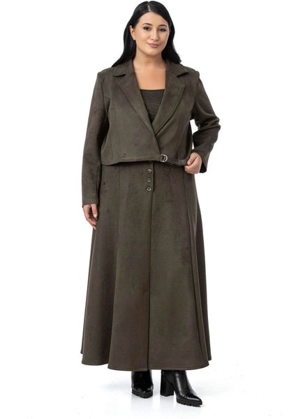 Büyük Beden Önden Yırtmaçlı Düğmeli Beli Arkadan Lastikli Uzun Süet Haki Etek