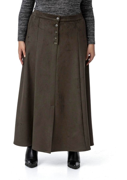 Büyük Beden Önden Yırtmaçlı Düğmeli Beli Arkadan Lastikli Uzun Süet Haki Etek fiyatları