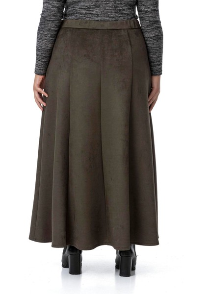 Büyük Beden Önden Yırtmaçlı Düğmeli Beli Arkadan Lastikli Uzun Süet Haki Etek modelleri