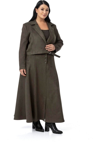 Büyük Beden Önden Yırtmaçlı Düğmeli Beli Arkadan Lastikli Uzun Süet Haki Etek indirimleri