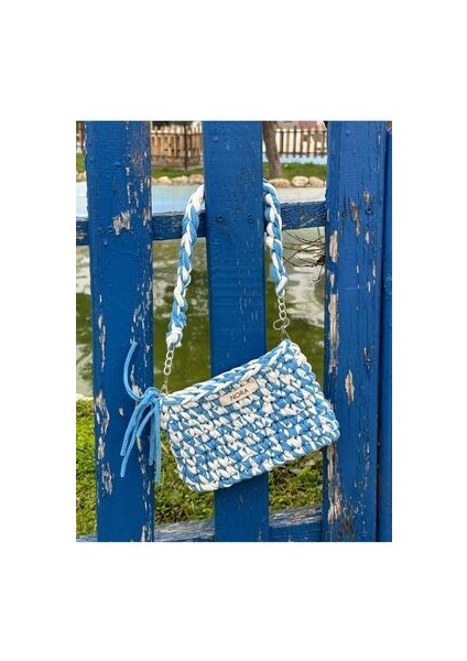 Mavi Beyaz El Örgüsü Penye Ip Çanta