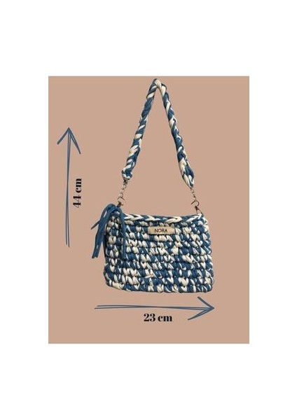 Mavi Beyaz El Örgüsü Penye Ip Çanta modelleri